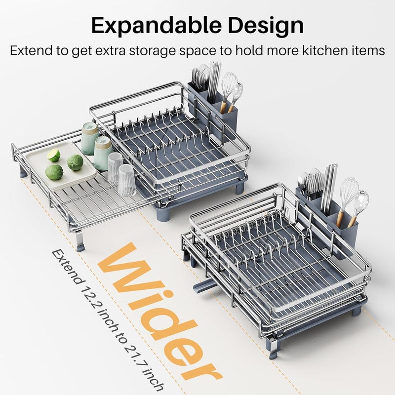 SNTD Dish Drying Rack - Extendable Dish Rack, Large Sink Drying Dish Drainer for Kitchen Counter, Stainless Steel Dish Strainer with Utensil Holder (Silver) - Image 4